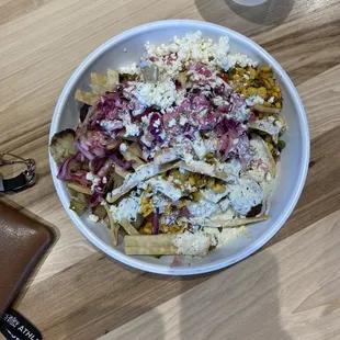 Falafel and vegetable bowl with yogurt dressing