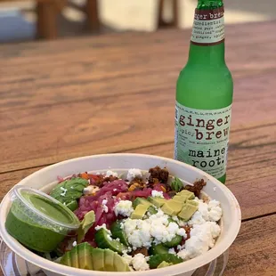 Harissa Avocado Chicken Bowl and A Ginger Brew on the side