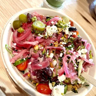 Build Your Bowl with Roasted Chicken and nearly all the free toppings. Sauces on side.