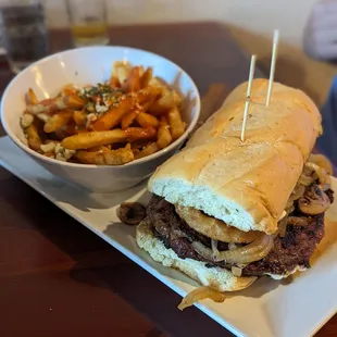 Ribeye steak sandwich with buffalo blue fries