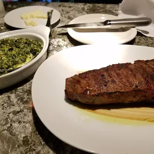 New York strip and some creamed spinach