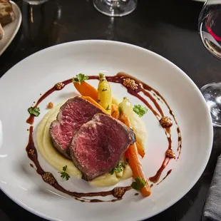 a plate of food and a glass of wine