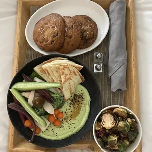 Edamame hummus, roasted Brussel sprouts and the goddamn warm chocolate chip cookies  and cookies