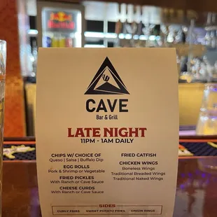 Late Night Menu,  11pm - 1am