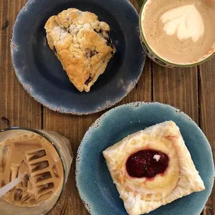 Mocha, Iced Caramel Macchiato, Blueberry Scone, and Cherry Danish! Delicious!