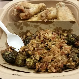 Brussel sprouts with bacon, and garlic with sea salt wings.