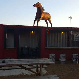 a statue of a moose on top of a building