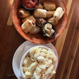 Pigs in a Blanket and Mac n Cheese.