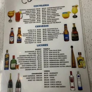 a menu for drinks