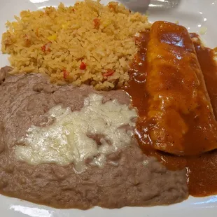 Cheese enchilada, rice, beans