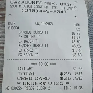 Receipt of our burritos for future consumers to take note of