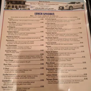 Lunch special menu