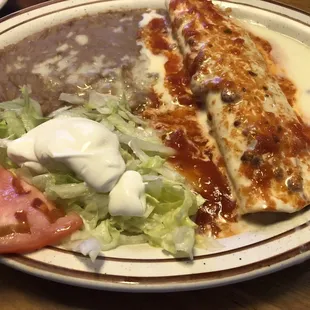 Beef Burrito with side of refried beans &amp; &quot;salad&quot;