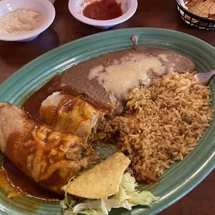 Combo #16 ~ Chile Rellano, Enchilada &amp; Taco (no cheese) with Beans &amp; Rice