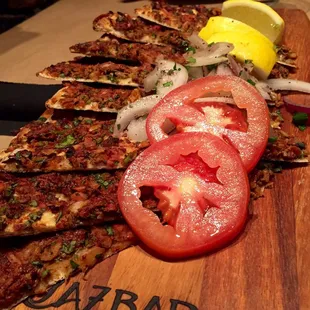 Lahmacun - Turkish Pizza w/ Spicy Ground Beef, Tomatoes, Onions & Lemon
