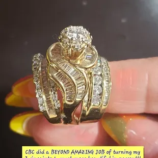 CBC Jewelers did an BEYOND AMAZING JOB of redesigning my wedding ring.  They turned 3 rings into 1!!!