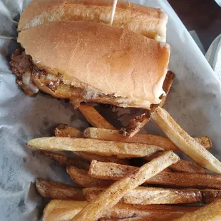 Cheesesteak sub and fries