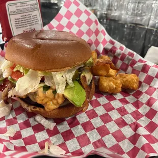 California Burger and tots