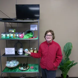 Nanette showcasing the tea and bath products when we first opened.