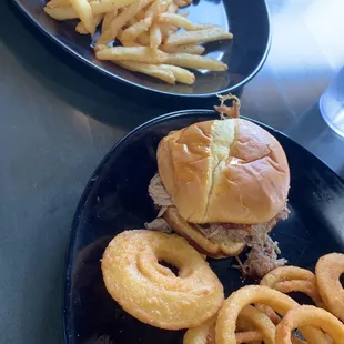 Hot BBQ Sandwich, fries, &amp; onion rings.