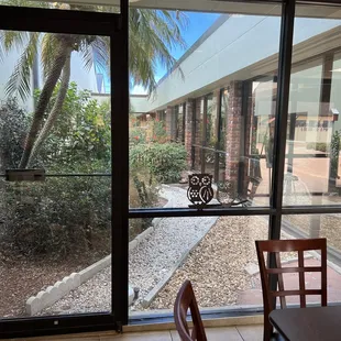 a view of a patio through a window