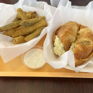Egg Salad on a Croissant and Zucchini Sticks with Ranch Dressing