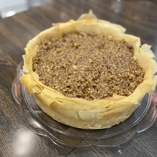 a pie on a glass plate