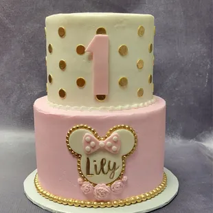 First birthday cake - pink and gold Minnie Mouse theme