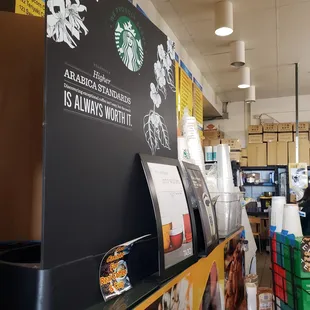 Serves starbucks coffee.