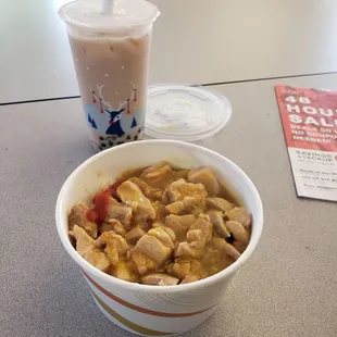 Litchi milk tea (yum) &amp; curry chicken bowl (meh, pass next time )