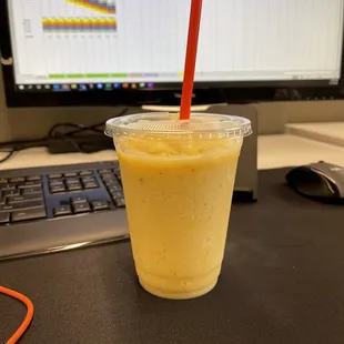 The Hawaiian Vacation fruit smoothie: pineapple, mango, banana, apple juice, non-fat frozen yogurt. $4.25 &amp; delicious