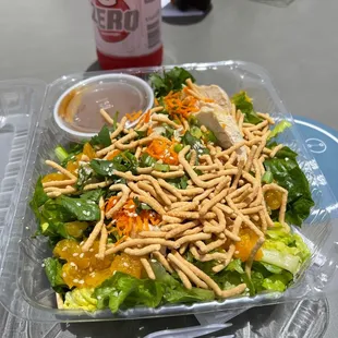 Chinese chicken salad is delicious with the sweet and sour dressing, and crunch noodles mixed with those sweet mandarin oranges.