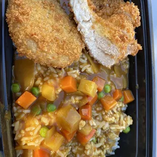 Half and half curry chicken and potato croquette.  A little bland but good prep. Thursdays entree special