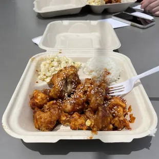 Tuesday 5/11/21 special: Korean spicy fried chicken with white rice and macaroni corn salad. $7.99 and delicious.