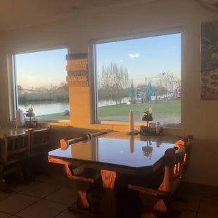 a table and chairs in a restaurant