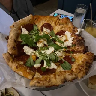 Cauliflower pizza -pepperoni, Mike's spicy honey, burrata