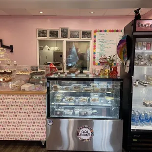 Pastry fridge and pastry case.