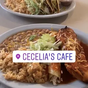Beef tacos and 2 Item Combination Plate: Enchiladas and 1 Chile Relleno with Red Chile