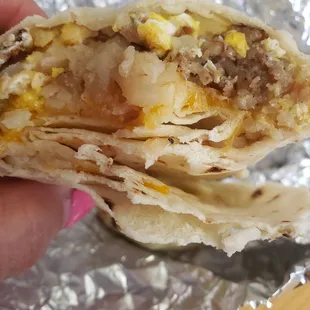 Egg, potato, cheese, sausage