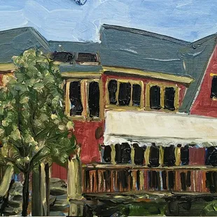 a painting of a red building