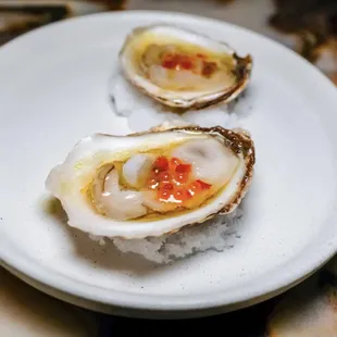 three oysters on a white plate