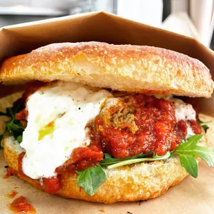 Meatball sandwich with burrata, on Focaccia