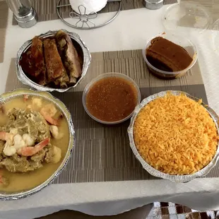 Shrimp Mofongo Pork Ribs Yellow Rice Beans  Flan