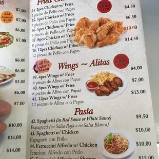 Fried chicken, wings and pasta