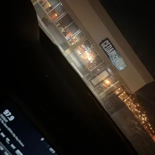 the outside of the building at night