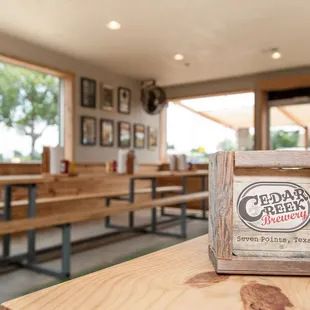 a wooden table and benches