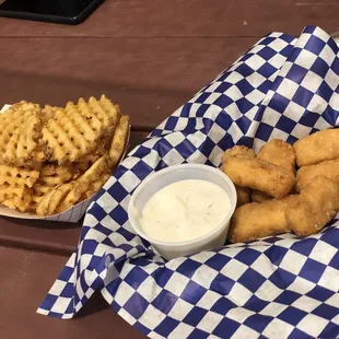 Waffle Fries and Fried Mac and Cheese