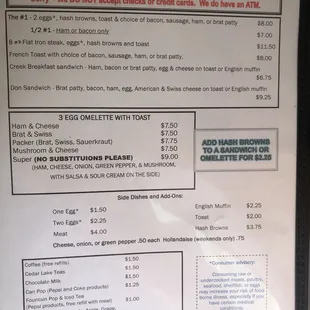 Breakfast menu.  7/29/2018.  A little limited but they do have a few different daily specials.