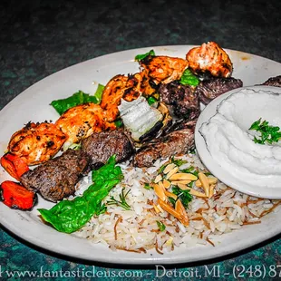 Shish combo. The portion is a tid bit small, but the amount of garlic sauce was very generous. Ask for LAMB!