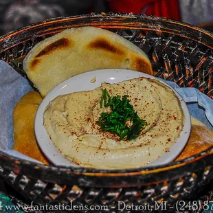 Hummus and pita bread. Some of the best hummus we had in a while